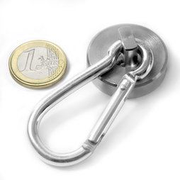 KTN-32, Imán en recipiente con mosquetón, Ø 32 mm, Largo del mosquetón 60 mm