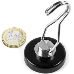 FTNT-40-B, Imán en recipiente con gancho giratorio, Ø 40,2 mm, negro, con base adherente de goma