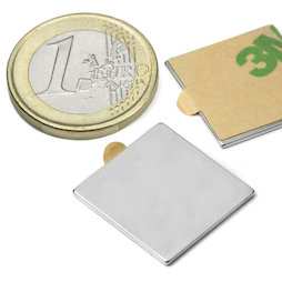 Q-20-20-01-STIC, Bloque magnético adhesivo 20 x 20 x 1 mm, neodimio, N35, niquelado