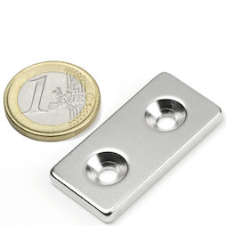 CS-Q-40-20-04-N, Bloque magnético 40 x 20 x 4 mm, con taladro avellanado, N35, niquelado