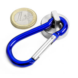 KTN-25B, Imán en recipiente con mosquetón azul Ø 25 mm, largo del mosquetón: 60 mm